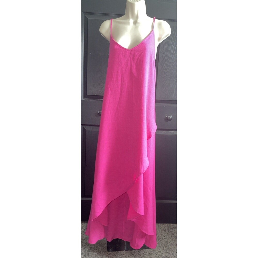 Lulus Hot Pink Maxi Dress Size M V-Neck High Low Ruffle Spaghetti Strap Summer